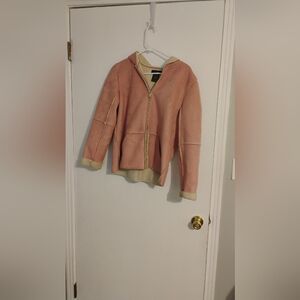 Elvissa Womens Faux Suede Contrast Trim Hooded Jacket Sz M